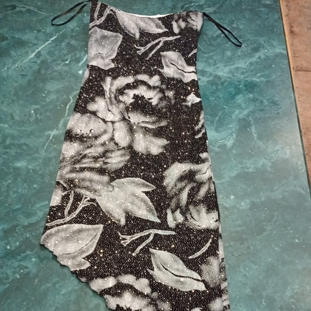 Cache Black and White Asymmetrical Bodycon Dress Spaghetti Straps